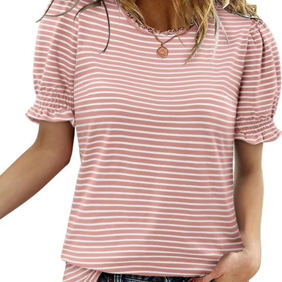 Elegant Pink Striped Ruffle Short Sleeve Top size XL - Picture 3 of 5
